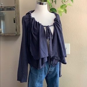 Blue cotton layered ruffle boho cropped hoodie